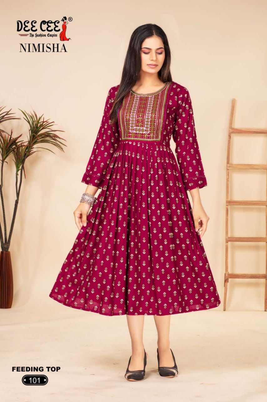 Nimisha By Deecee Rayon Printed Long Flaired Feeding Kurti Wholesale Shop In Surat
